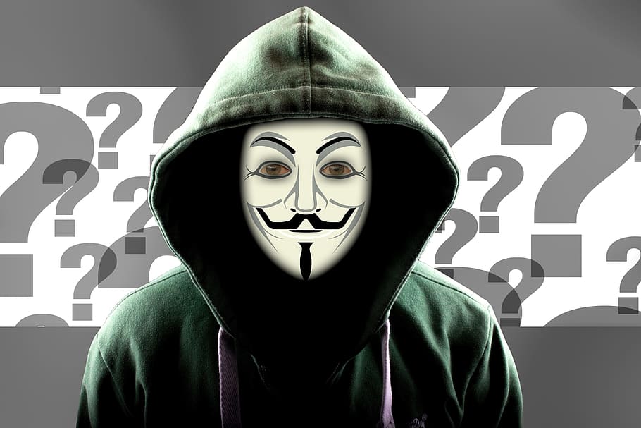 person wearing guy fawkes mask illustration, question mark, hacker