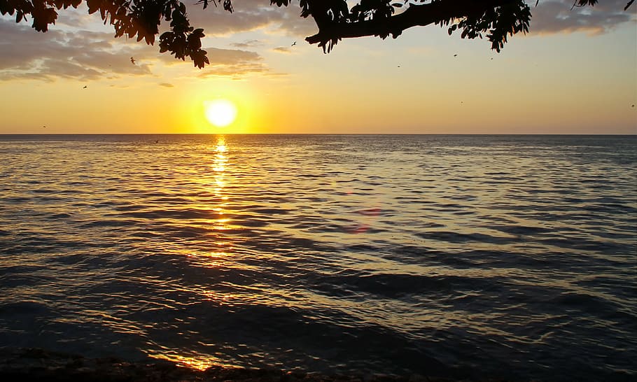 sunset, green flash, evening, tropical, sea, shore, orange HD wallpaper