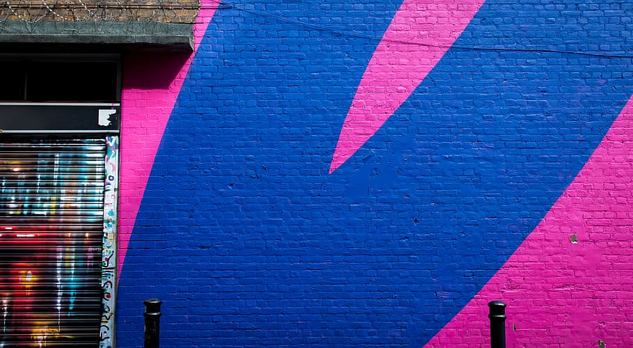 blue and pink commercial store wall, pink and blue mural, graffiti HD wallpaper