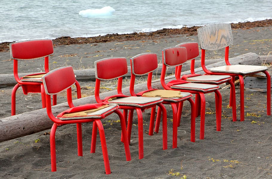 chairs, spectators, red, seat, empty, water, beach, land, absence HD wallpaper