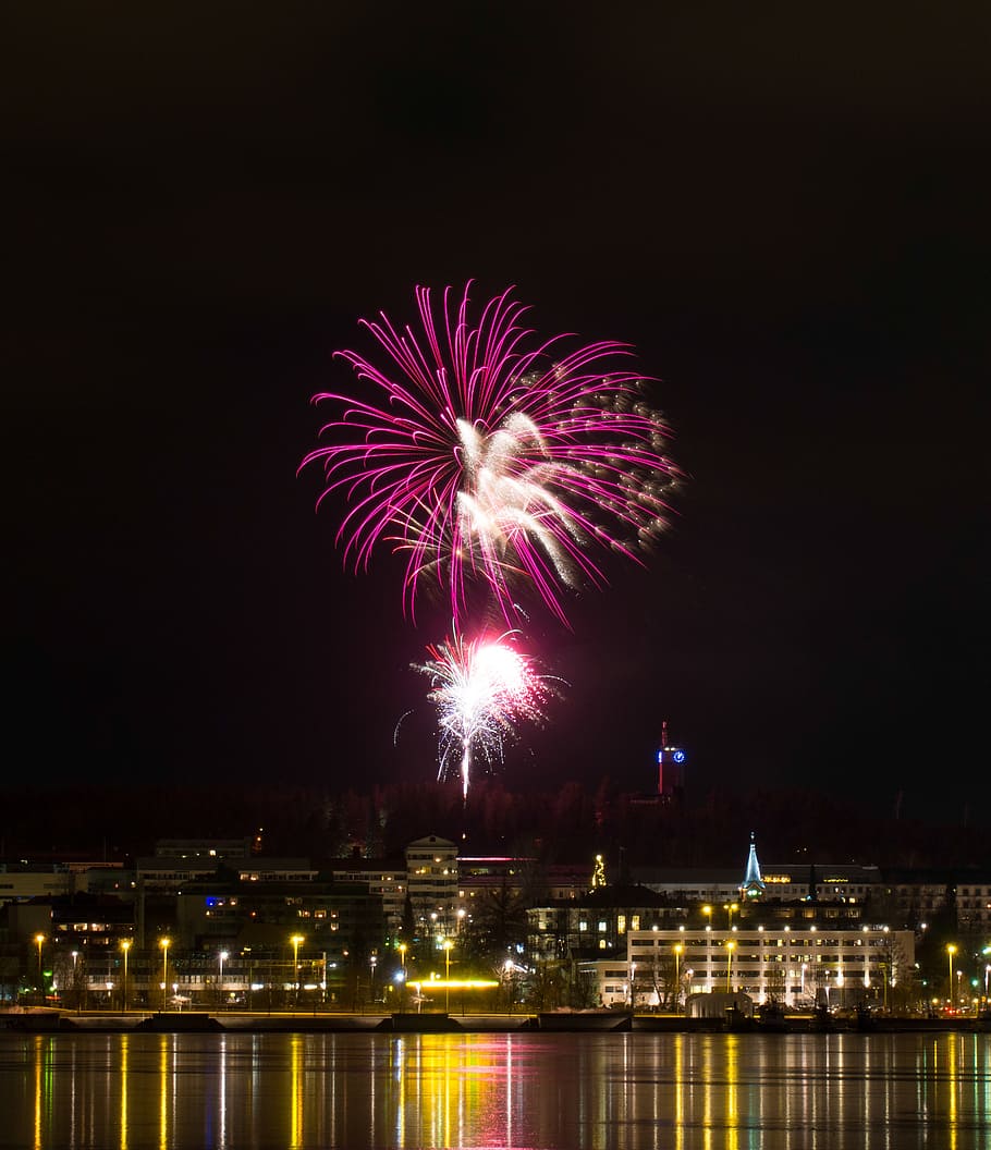 fireworks, color, light, colors, water, reflection, new year HD wallpaper