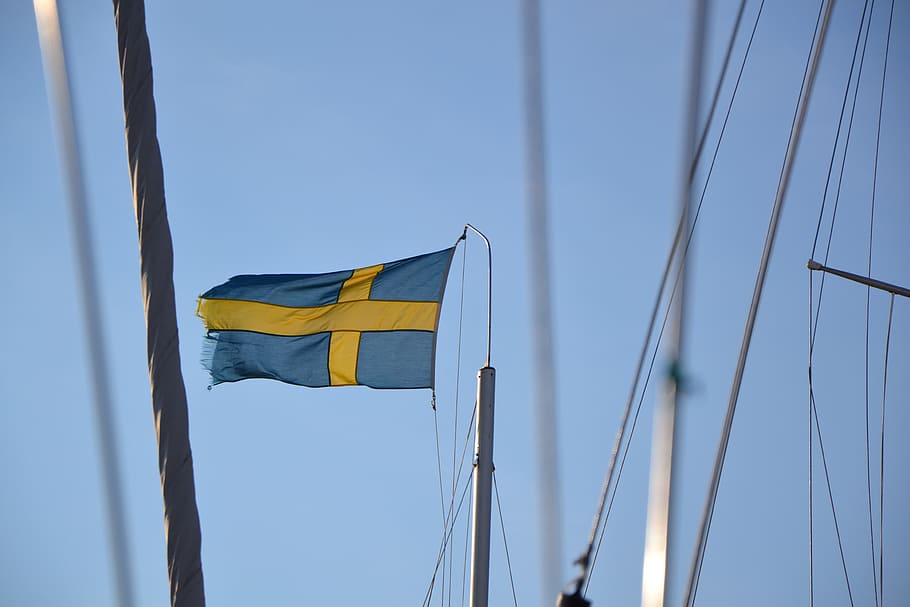 blue and yellow flag, swedish flag, sweden, sky, sailboat, pole HD wallpaper