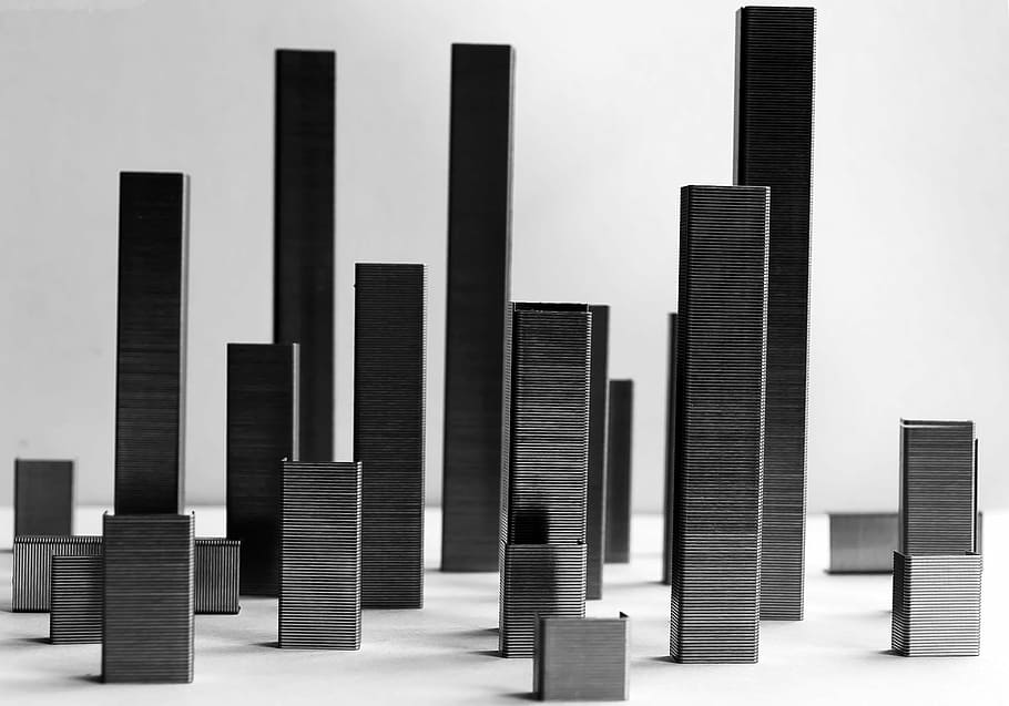 group of staples, city, abstract, model, black, white, imaginary HD wallpaper