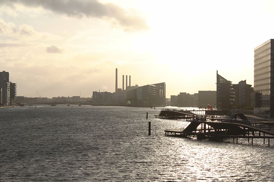 copenhagen, sun, clouds, evening, river, port, built structure HD wallpaper
