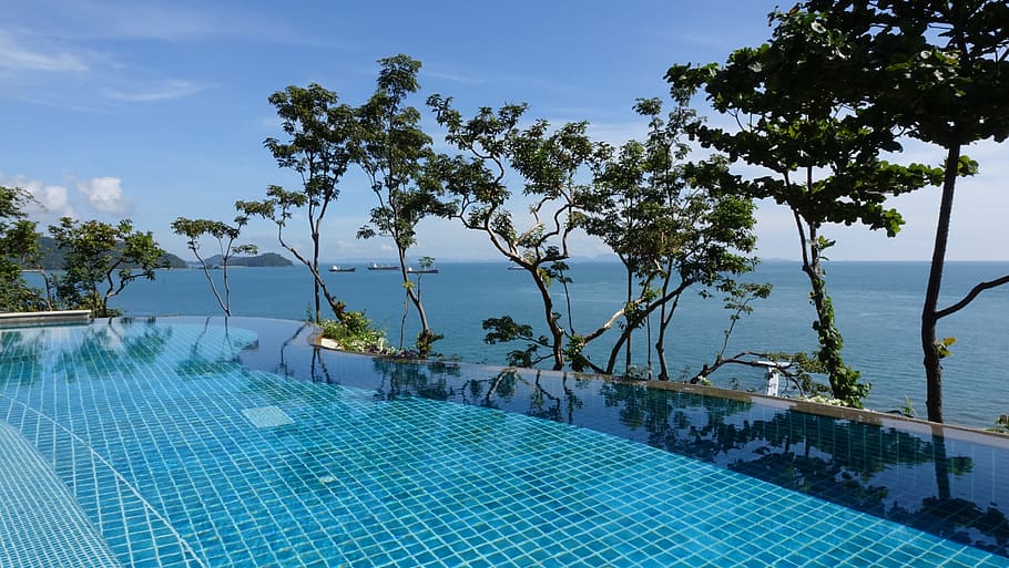 infinity pool with background view of open sea at daytime, green trees near pool edge