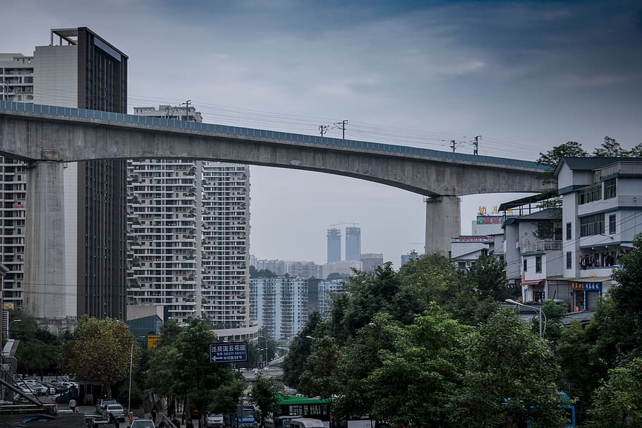 guizhou, guiyang, overpass, high-speed rail tracks, architecture, HD wallpaper