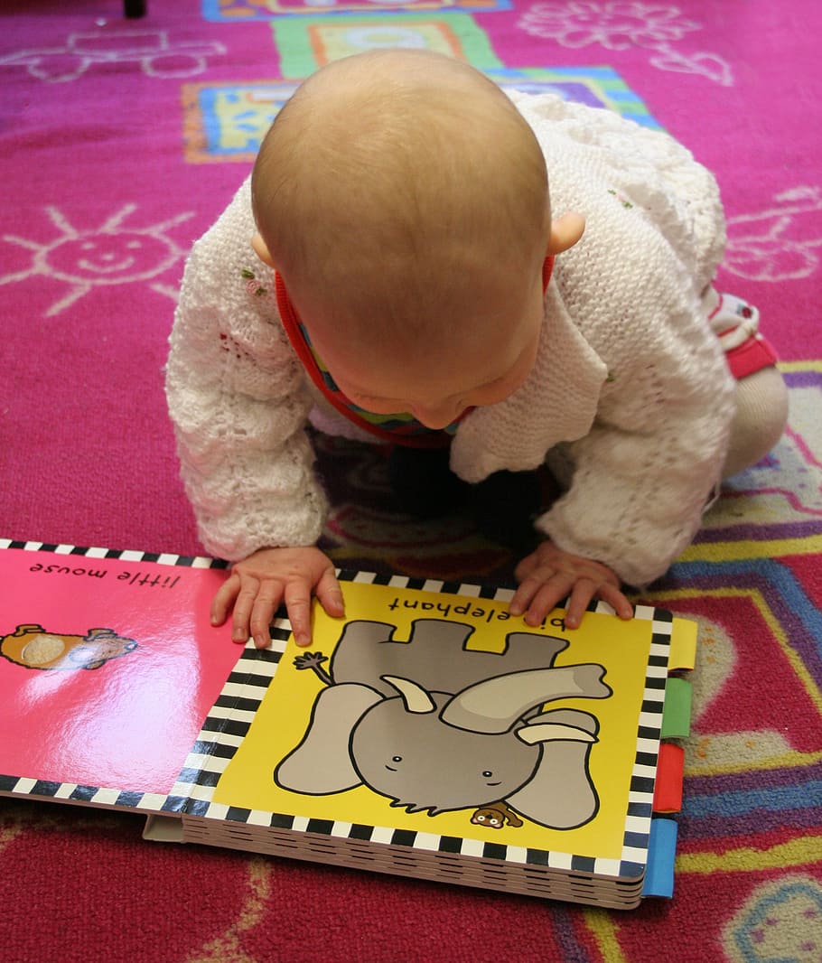 baby wearing white knit sweater, learning, book, child, toddler HD wallpaper
