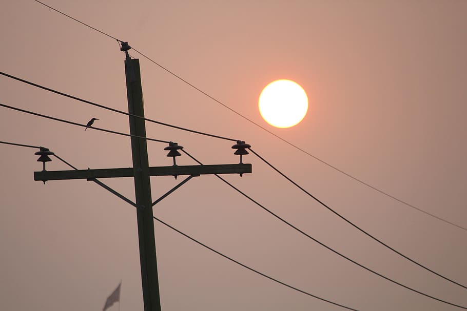electricity, wire, power, sky, voltage, cable, sun, power line HD wallpaper