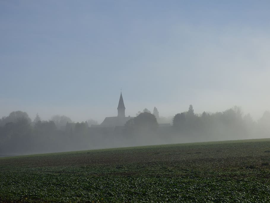 Fog, Landscape, Fall, Village, perreuse, yonne, nature, field, HD wallpaper