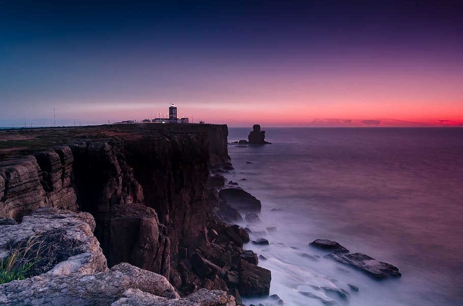 rock formation near body of water during sunset, coast, cliffs HD wallpaper