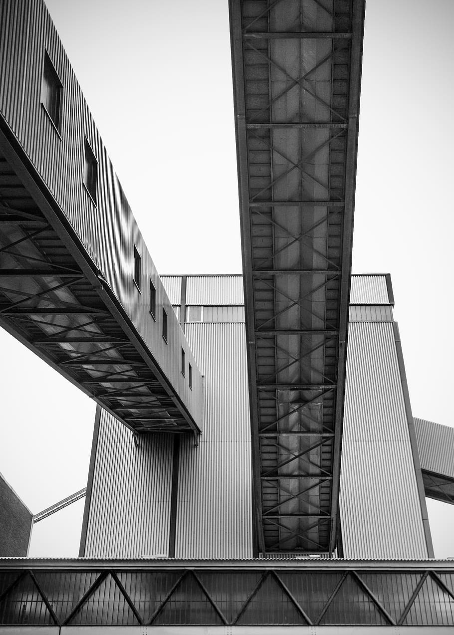 building, architecture, industry, black and white, pit, coal mine