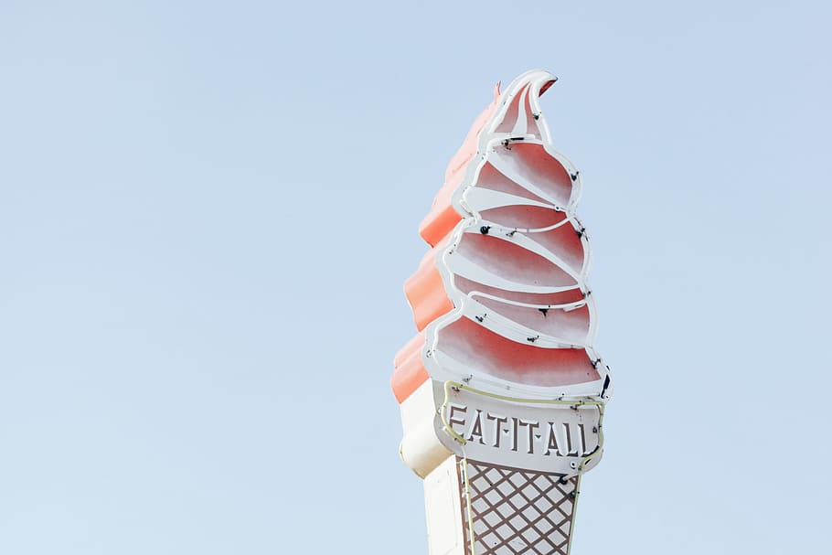 pink and white Fat It All neon signage during daytime, white Eat-It-All Ice Cream signage HD wallpaper