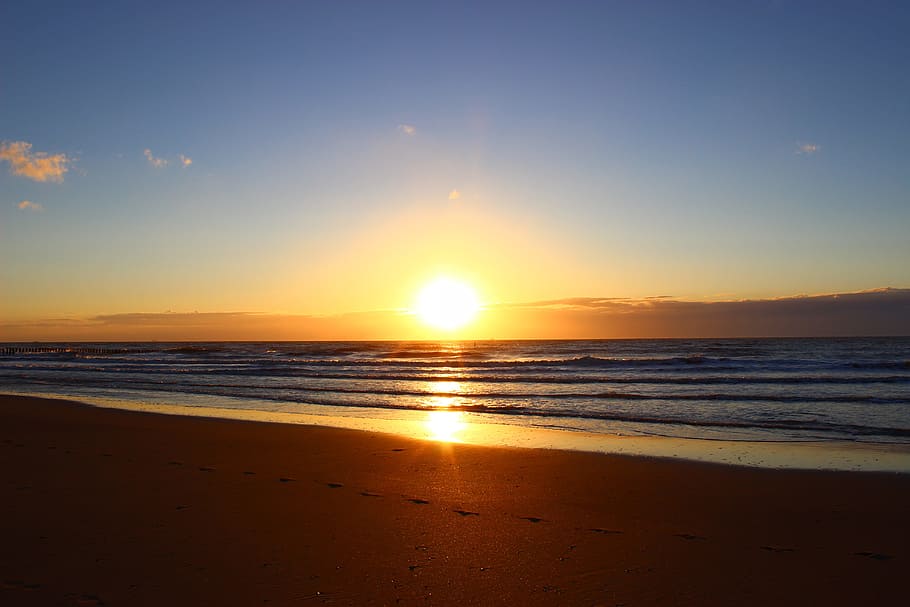 beach during sunset, cadzand-bad, netherlands, holland, north sea, HD wallpaper