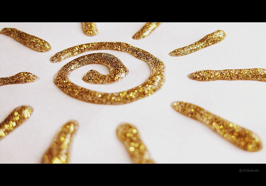 gold glittered sun, art, paint, sparkle, light, bright, burst HD wallpaper