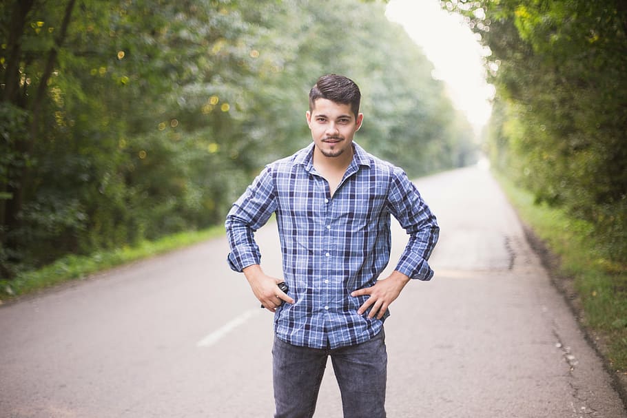 man wearing blue and black plaid sport shirt, portrait, boy HD wallpaper