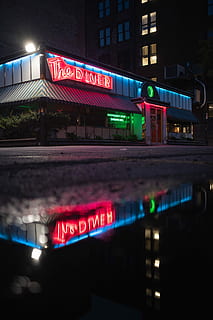 The Diner lighted signage, The Diner store front, reflection HD wallpaper