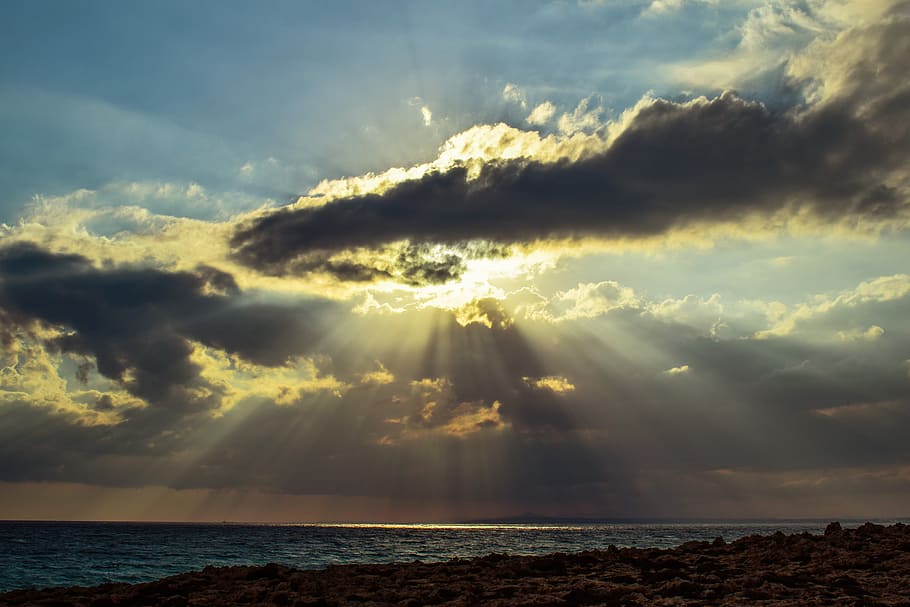 sunset, sea, sky, clouds, light, sunshine, sunbeam, rays, afternoon HD wallpaper