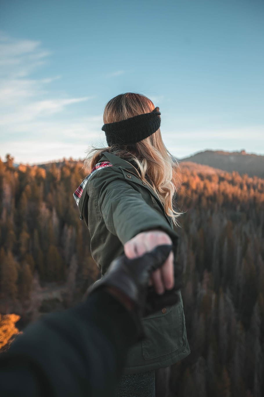 person holding hand of woman, selective focus photography of woman holding hand while looking at trees HD wallpaper