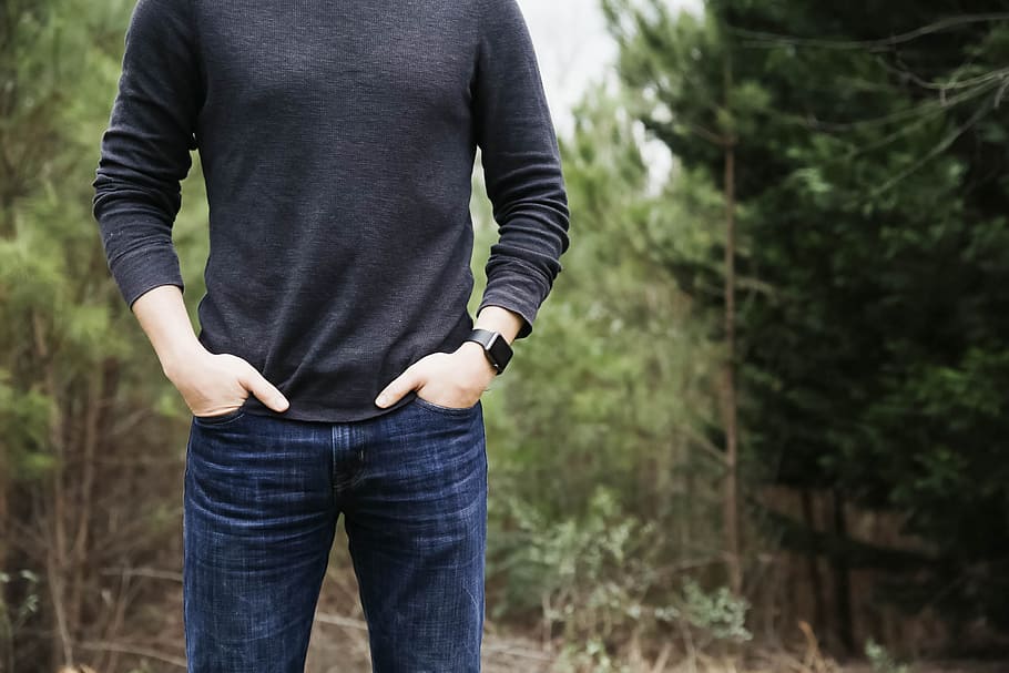 person in blue jeans, person wearing blue jeans standing on forest HD wallpaper