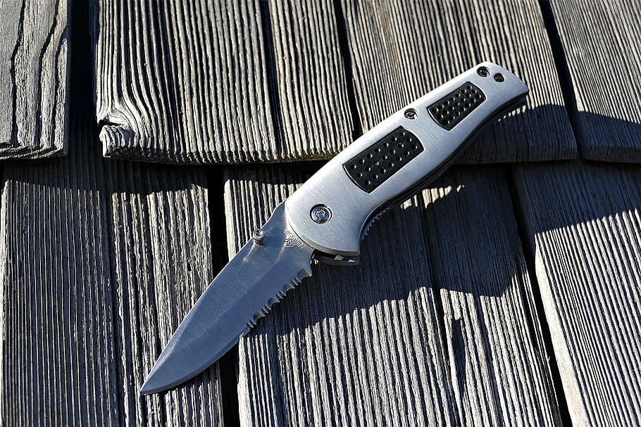 pocket knife on brown plank, jackknife, blade, sharp, metal HD wallpaper