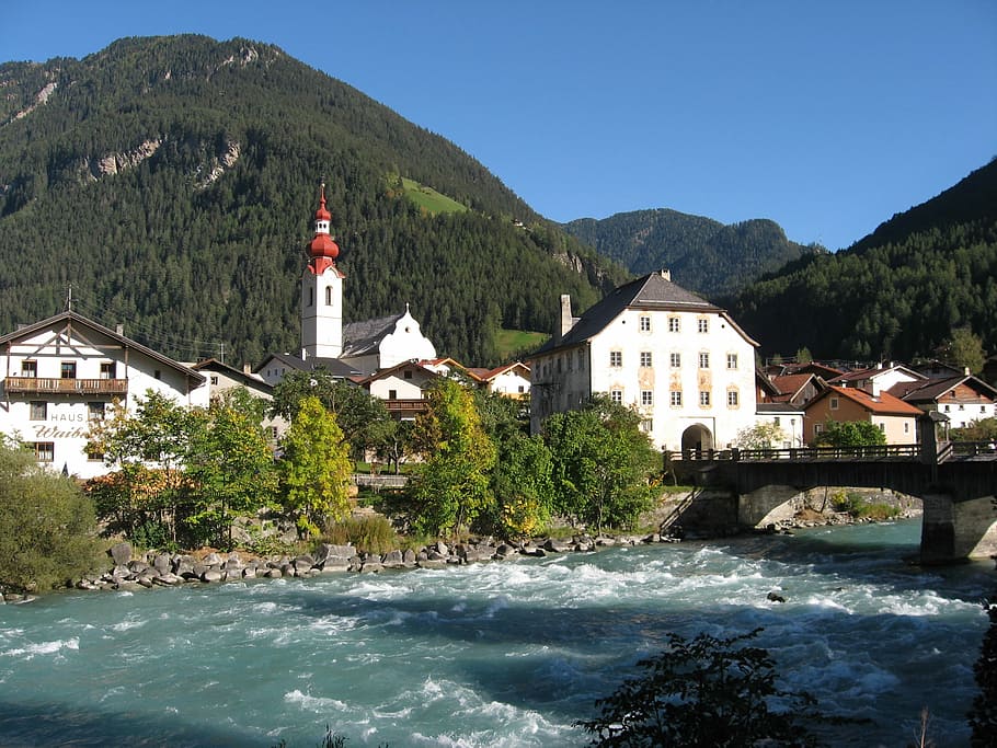 Pfunds, Bergdorf, River, Tyrol, Austria, tyrolean alps, inntal valley HD wallpaper