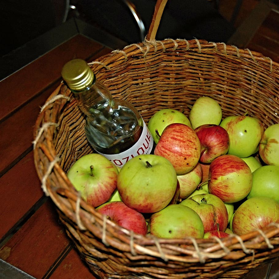 apples, basket, plum brandy, wicker, spirit, food, fruit, freshness, HD wallpaper