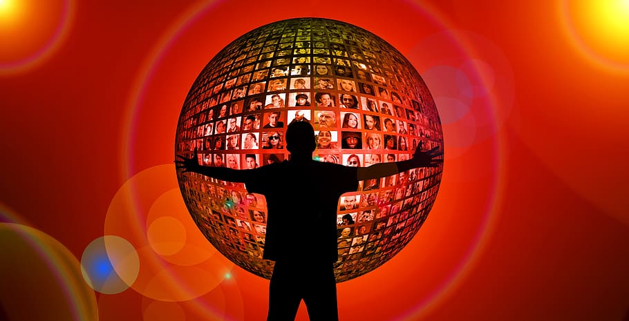silhouette of man in front of sphere with photo of people, hug HD wallpaper
