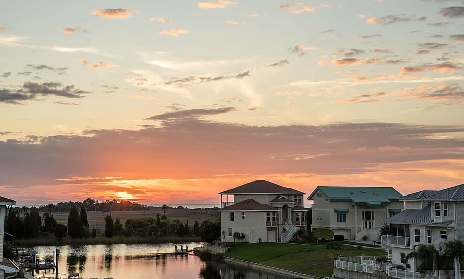 several houses near body of water, sunset, canal, florida, architecture HD wallpaper