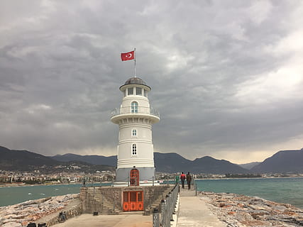 alanya, lighthouse, turkey, clouds, cloudy, sea, water, sky HD wallpaper