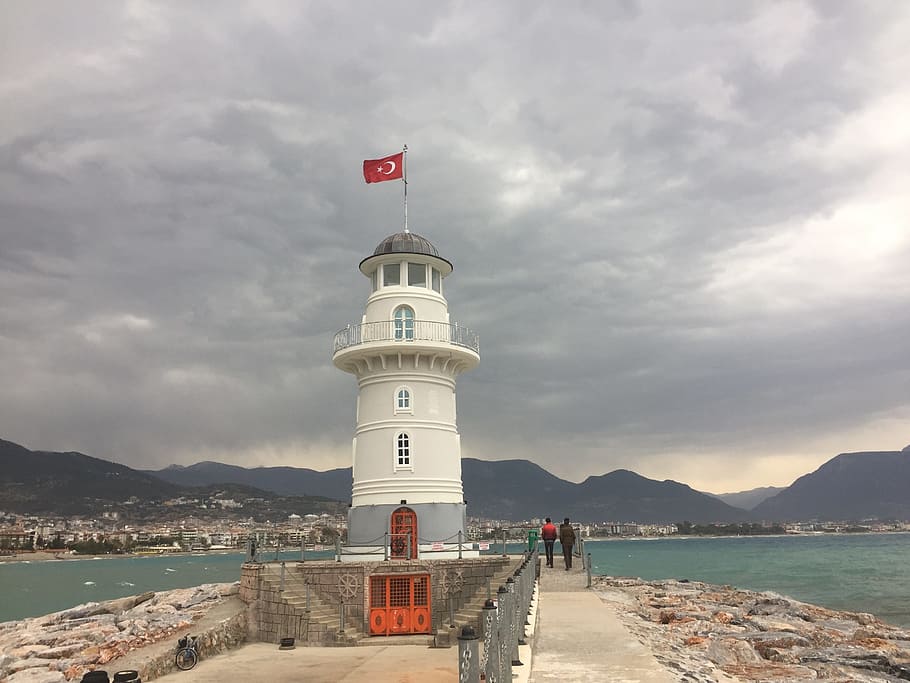 alanya, lighthouse, turkey, clouds, cloudy, sea, water, sky HD wallpaper