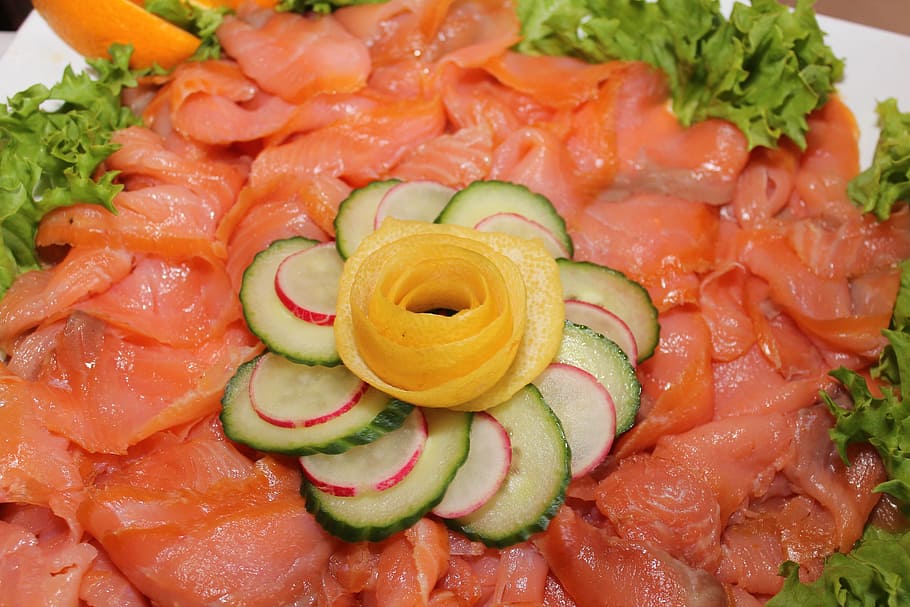 Salmon, Salad, Cold, Buffet, cold buffet, food and drink, seafood HD wallpaper