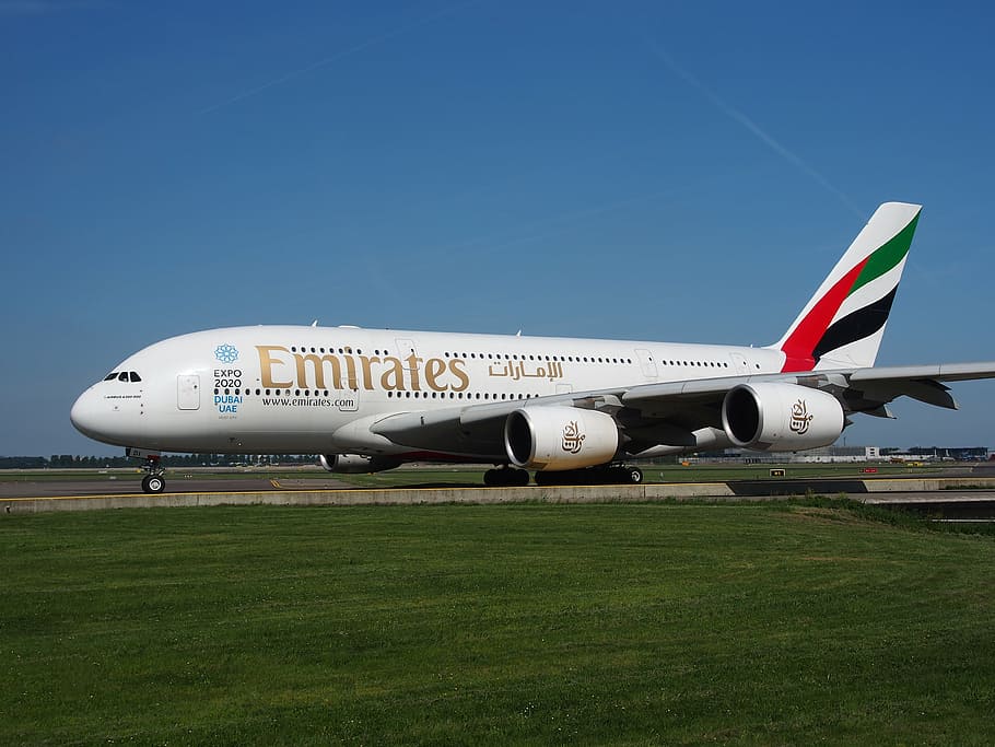 emirates, airbus a380, aircraft, plane, airplane, airport, jet