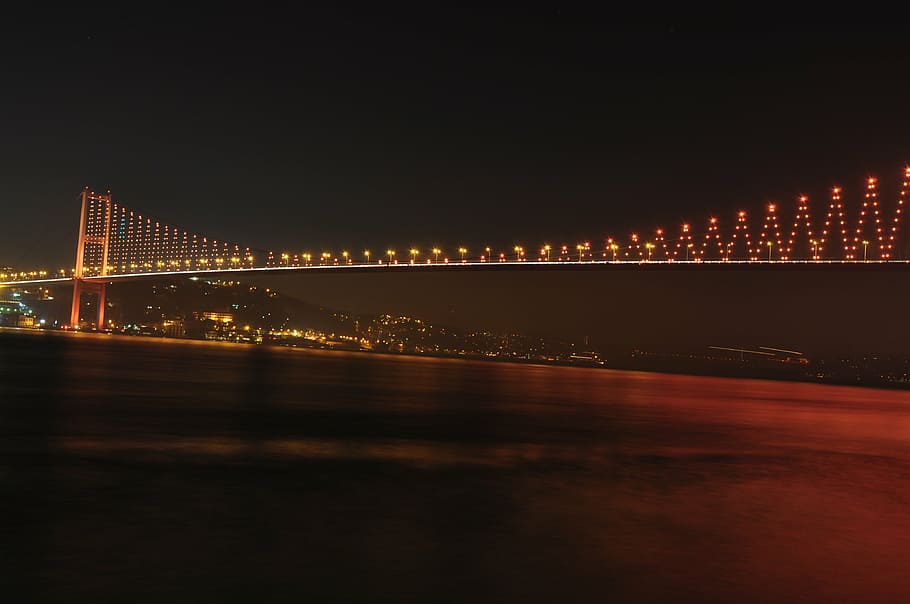 bosphorus bridge, night, lights, city, cityscape, night light, HD wallpaper