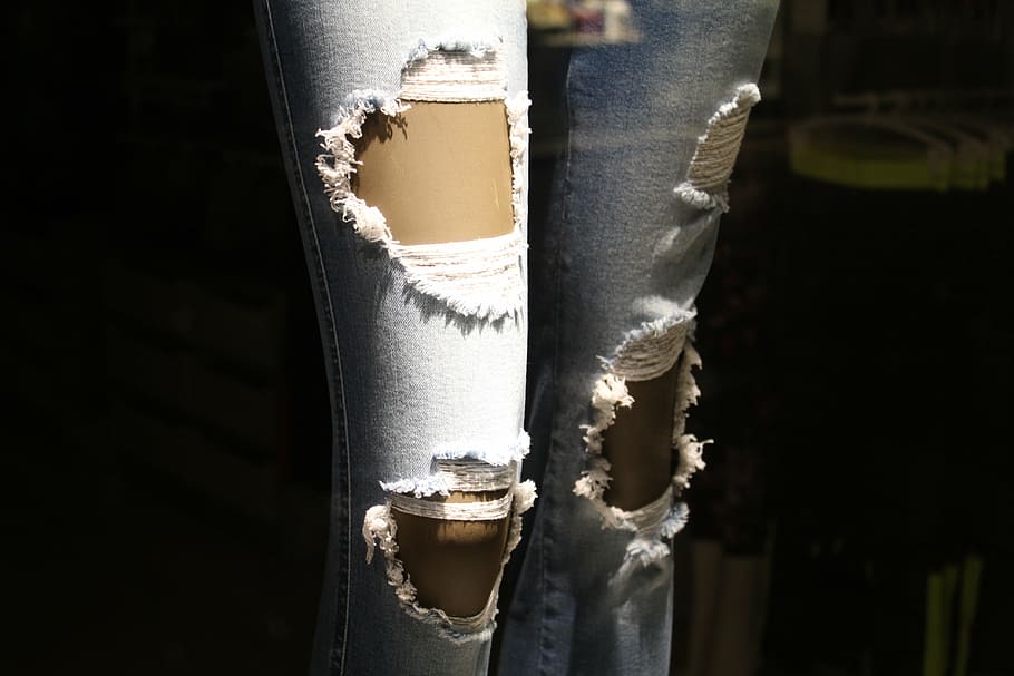 distressed jeans, ripped jeans, legs, dummy, shop, showcase, fashion, HD wallpaper