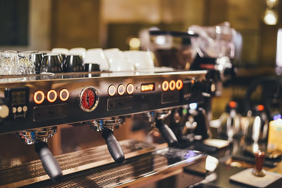 selective focus photo of gray espresso machine, coffee, coffee machine, HD wallpaper