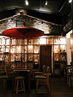 red parasol on rectangular brown wooden 7-piece dining set HD wallpaper
