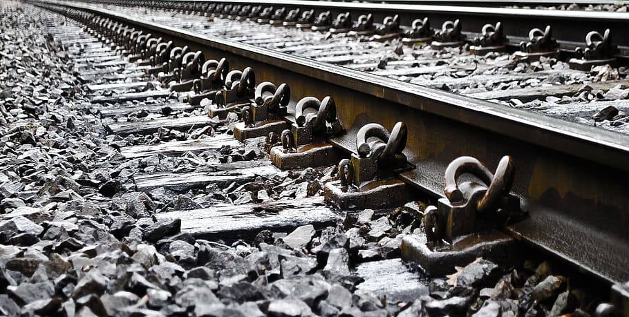selective focus photography of black train rail, track, road HD wallpaper