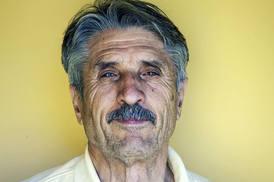 man wearing white collard top, elderly, face, hair, mustache, HD wallpaper