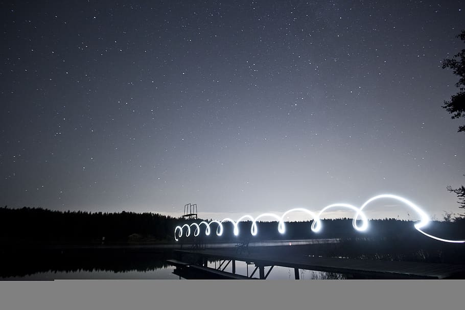bridge, jetty, pier, diving, platform, night, dark, torch, light HD wallpaper