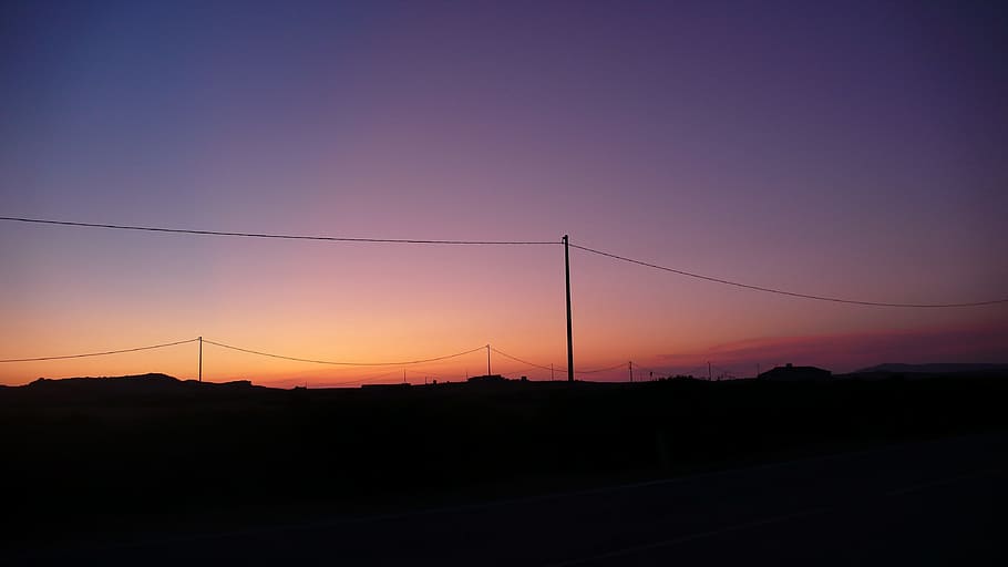 sunset, skyline, orange, violet, twilight, silhouettes, landscape HD wallpaper