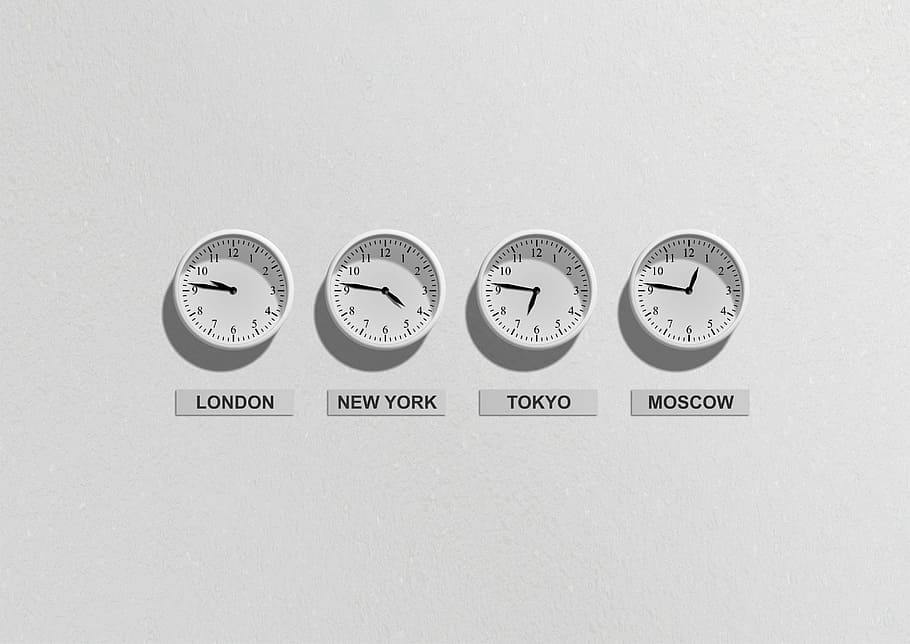 four round white analog wall clocks, business, time, stock exchange