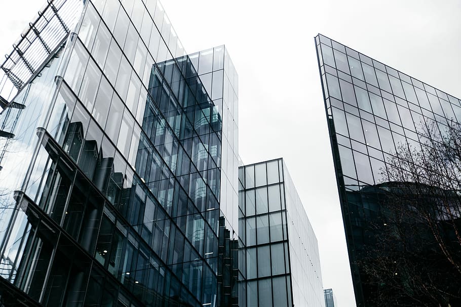 low-angle photography of curtain wall buildings, low angle photography of buildings at daytime HD wallpaper