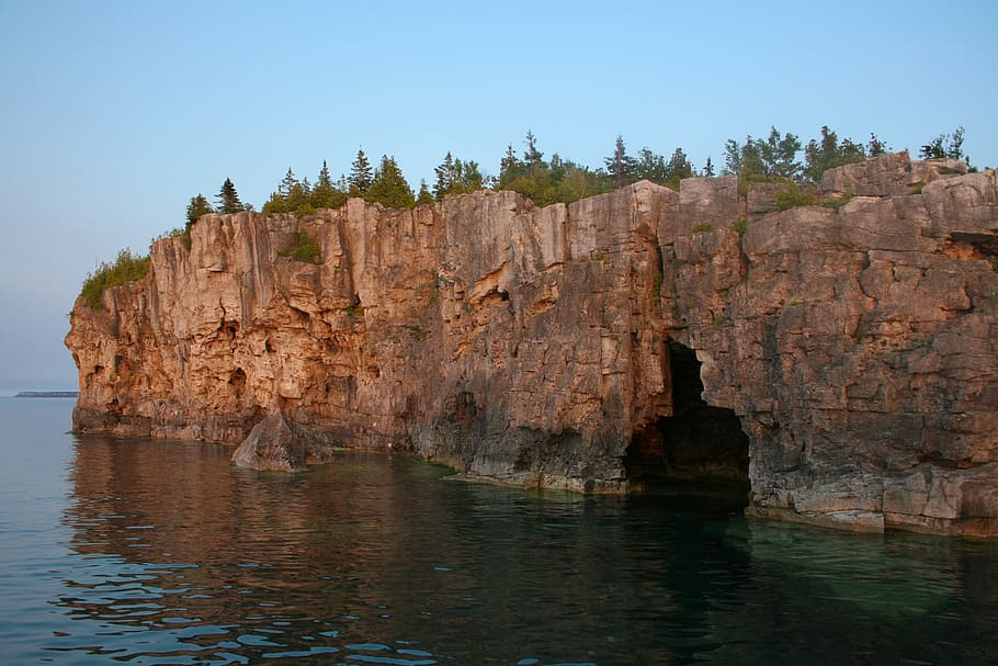 coast, cliff, rocks, cave, shore, lake, sunset, georgian bay HD wallpaper