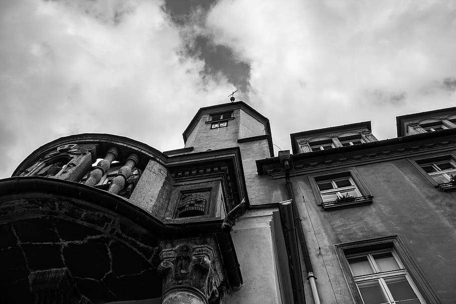 balcony, heaven, clouds, sky, architecture, black And White HD wallpaper