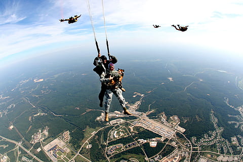 people parachuting on sky during daytime, Tandem, Skydivers HD wallpaper