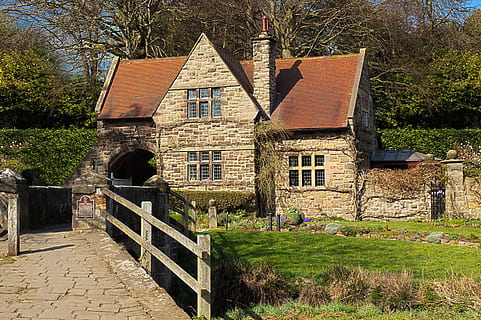 brown brick house in front of bridge, ancient, architecture HD wallpaper