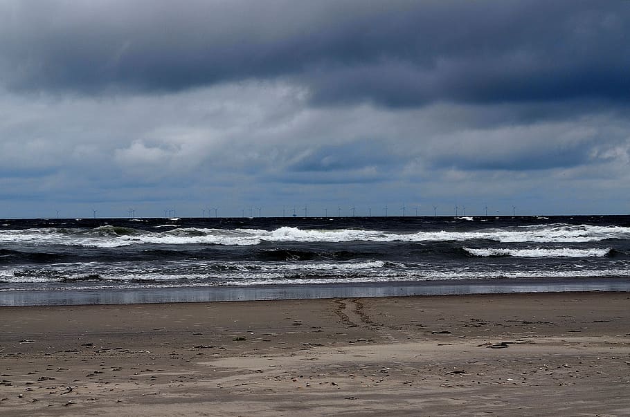 Mood, Forward, Wave, North Sea, Borkum, view of wind farm, beach HD wallpaper