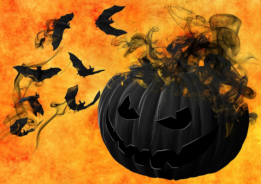 Evil Black Halloween Pumpkin with Bats, photos, haunted, jack-o-lantern