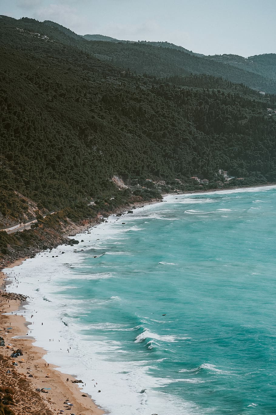 HD wallpaper: bird's eye view of seashore beside forest mountain, green ...