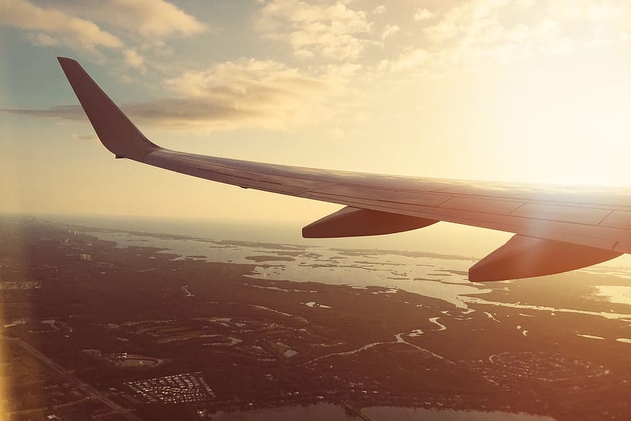 gray aircraft wing, sunset, sky, sunshine, airplane, flying HD wallpaper